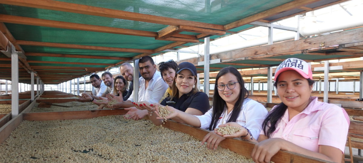 Angélica Paz (tweede van links) bij het Capucas koffiecoöperatief, naast medewerkers van Fairfood en Solidaridad Honduras.